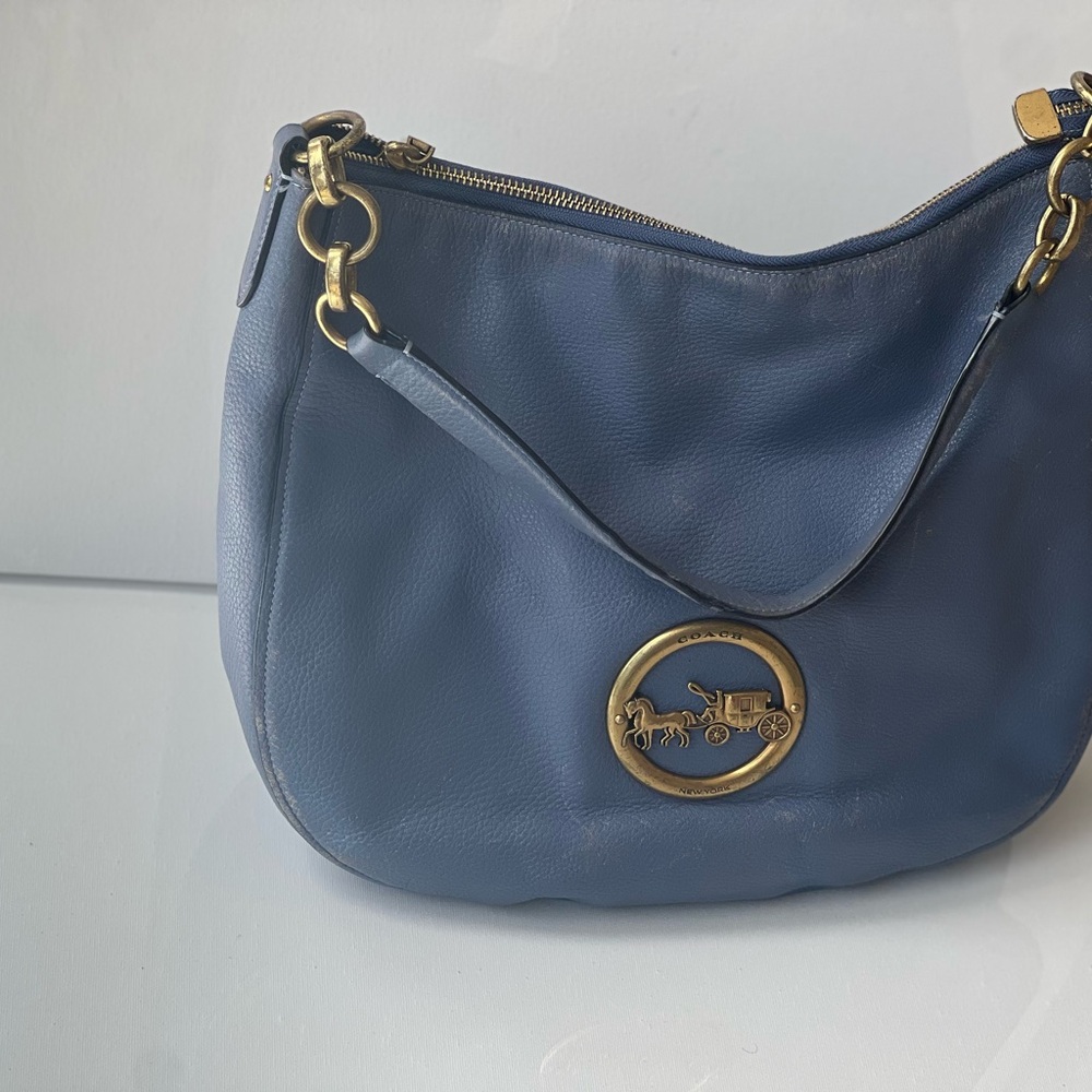 Coach Denim Blue Leather Shoulder Bag with Gold Accents